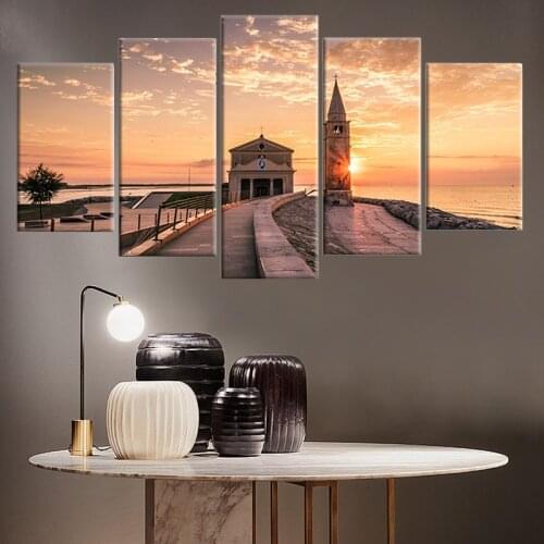 Modern Printing Type Poster Canvas Painting HD Print 5 Panel Tower Sunset Landscape Wall Art Pictures Modular Vintage Home Decor