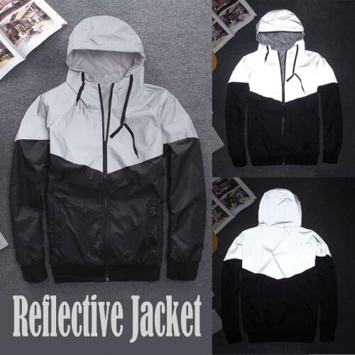 Reflective Jackets Men Women Loose Thin Sports Jackets Hooded Long Sleeve Trench Coat Zipper Splicing Sportswear Outer Tops 5XL