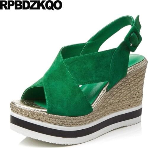 Women Rope Shoes 2018 Luxury Slingback Green Pumps Designer Strap Genuine Leather Wedge Sandals High Heels Platform Espadrilles