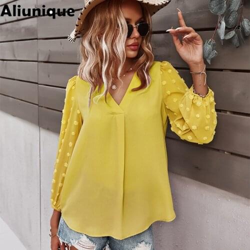 Aliunique Trendy New V-neck Casual Chiffon Shirt For Women 2021 Summer Fashion Design Lady Loose Long Sleeve Vacation Top