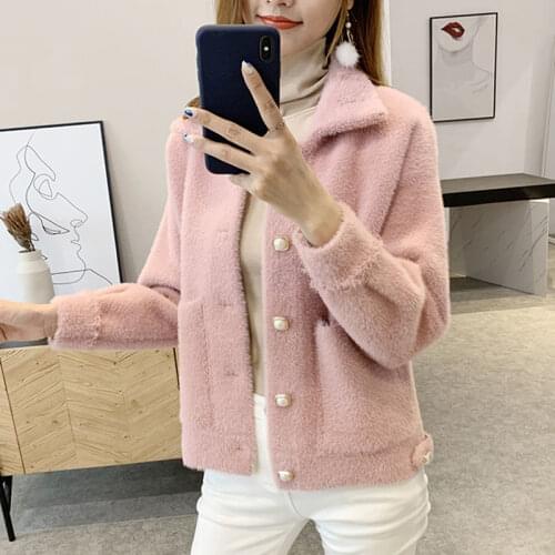 Women Autumn and Winter 2021 New Long Sleeve Knitted Short Sweater Jacket Korean Casual Faux Mink Fur Coat Loose Cardigan N50