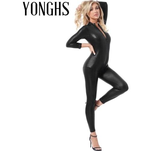 Womens Patent Leather Plaid Bodysuit High Neck Long Sleeve Zipper Catsuit Skinny Jumpsuit Female Rave Clubwear Club Show Costume