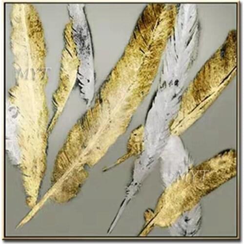 Gold And Silver Feathers Abstract Oil Painting Hand-painted Wall Art Home Decor Picture Modern Oil Painting On Canvas No Framed