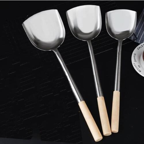 1Pcs Kitchen Cooking Tools-Stainless Steel Spatula Thickened Frying Spatula Lengthened Chef Spatula Hotel Wooden Handle Spatula