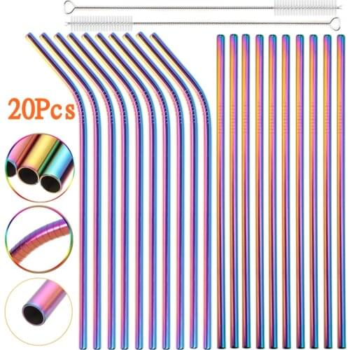 20 Pcs Multicolor Reusable 304 Stainless Steel Straw Metal Straws Set Eco-friendly Cocktail Drinking Straw Bar Party Accessory