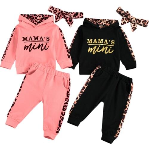 Infant Newborn Baby Girl Clothes 3PCS Sets Leopard Letter Hooded Sweatshirt Top Pants Outfit Baby Tracksuit Set Spring Autumn