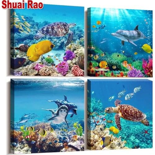 4 pcs Diamond Crystal embroidery cross stitch Sea turtle Ocean Fish round 3D diamond mosaic round diamond painting Animals