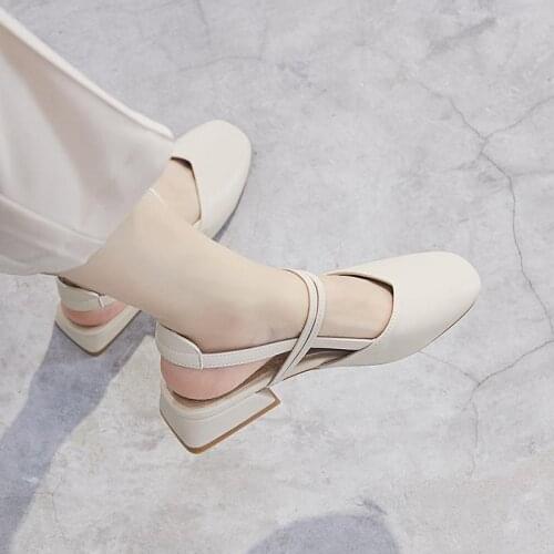 Apanzu New Summer 2021 Women OutSide Sandals Sexy Ladies PU Leather Closed Low Heel Narrow Band Shoes Women Mid heels Beige