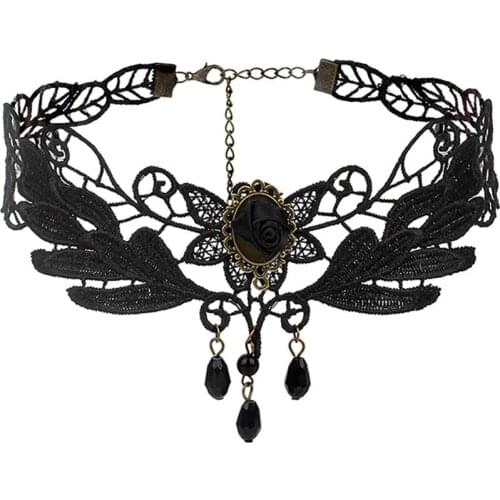 Hollow out Big Rose Flower Punk Handmade Wedding Jewelry Gothic Lolita Black Lace short chain Choker Sexy Tassels Necklace gift
