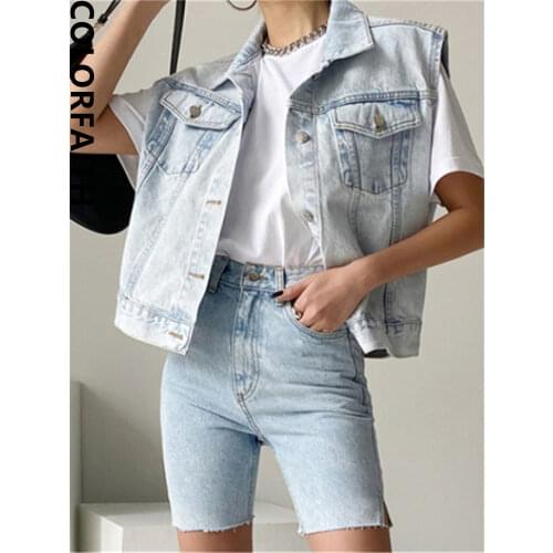 Colorfaith New 2021 Spring Autumn Womens Denim Jeans Jackets Sleeveless Vintage Waistcoat Pockets Streetwear Short Tops JKV8981