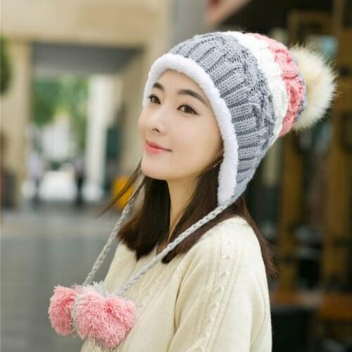 H7496 Korean Women Thick Plus Velvet Wool Bomber Hat Autumn Winter Warm Knitted Cap Hair Ball Ear Protection Fashion Female Hats