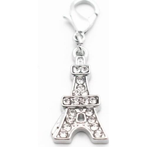 Hot Sale 20pcs/lot Metal Silver Eiffel Tower Crystal Dangle Charms Lobster Clasp Charms Fit DIY Bracelet Bangles Jewelry