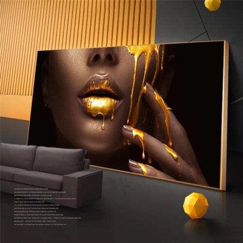 Fashion Black Women Oil Paintings on Canvas Golden Sexy Lips Wall Cuadros Picture for Modern Home Livingroom Wall Decor No Frame