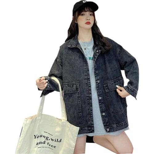 Womens Denim Jacket Spring Autumn Korean 2021 New Womens Jeans Jacket Loose Streetwear Students Casual Cowboy Jacket Plus Size