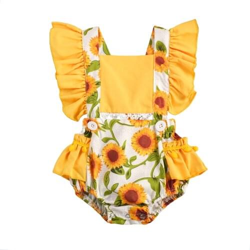 Summer Infant Kids Baby Girls Sunflower Jumpsuits , Cute Ruffle Sleeve Pom Pom Lace Trim New Fashion Bodysuit Clothes