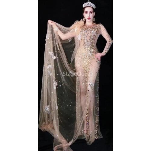 Multi-color Rhinestones Transparent Long Dress Womens Wedding Birthday Celebrate Outfit Mesh Singer Dance Bar DS DJ Dresses