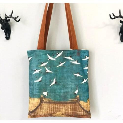Shopping bag Chinese paint birds word prints cultured canvas bag hasp closure cotton lining unisex shoulder bag 34*37cm unique