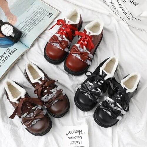 Japanese Round Head Plus Velvet Lolita Girls Shoes Sweet 3 color Loli Winter Keep Warm Shoes Ruffled Bowknot Thick Bottom Kawai
