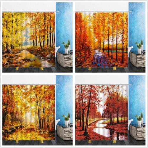 Painting Landscape Shower Curtains Autumn Yellow Fallen Leaves Leaf 3D Bathroom Home Decor Waterproof Polyester Cloth Curtain