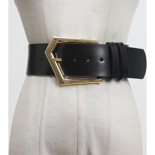 Womens runway fashion black genuine leather Cummerbunds female Dress Corsets Waistband Belts decoration wide belt R3125