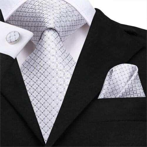 C-3115 Hi-Tie Silk Men Tie White Plaid Necktie Hanky Cufflinks Set Fashion Mens Classic Party Wedding Tie Set Handmade 8.5cm