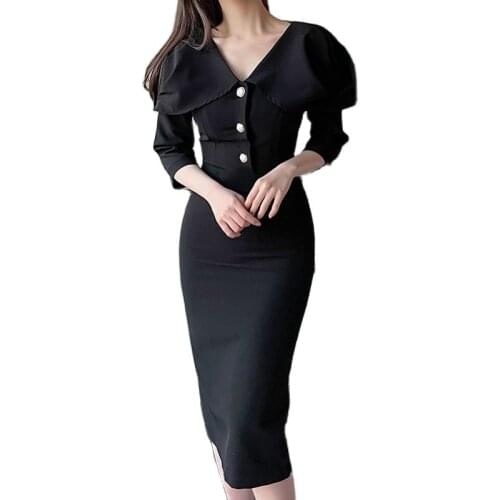 Black High Waist Slim MIDI Skirt Temperament Commute Korean Version V-neck Summer And Autumn Solid-Color Dress One-Step Skirt