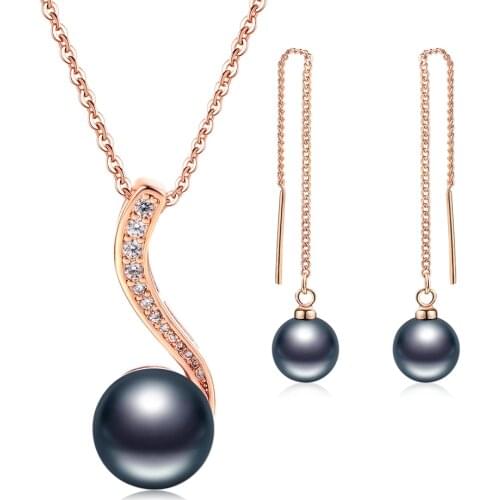 ZHOUYANG Jewelry Sets For Women Classic Elegant Black Imitation Pearl Rose Gold Color Earrings Necklace Fashion Jewelry S515