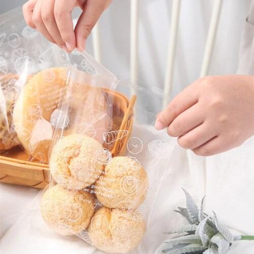100 Pcs/pack Transparent Bread Bag Toast Cake Packaging Printed Self-Adhesive Bags For Snack Food Packing