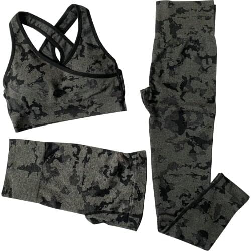 3 PCS New Seamless Camo Yoga Set Workout Summer Clothes Sports Suit Crop Top Bra +Running Shorts+Gym Leggings Womens Tracksuit
