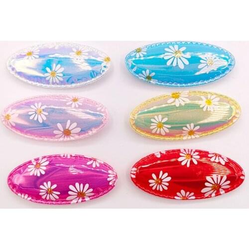 30pcs/lot 6*2.7cm Pu daisy printing oval shape BB Hair clip cover for DIY handmade children hair clip accessories