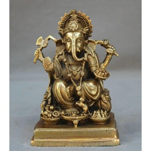 4" Tibet Brass Seat Ganesh Lord Ganesha Elephant God Buddha Figure Statue