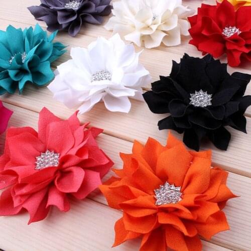 50pcs/lot 3.6" 13colors Hair Clips Lotus Leaf Flowers With Rhinestone Button For Hair Accessories Fabric Flowers For Headbands