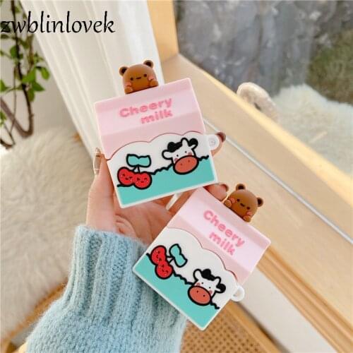 Milk 3D Earphone Case Cute Cartoon Chreey Bear Soft Silicone Yogurt Box For Airpods 1 2 Pro Wireless Bluetooth Protective Cover