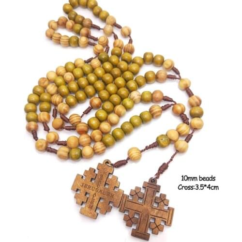 Jesus Wooden Prayer Beads 10mm Rosary Cross Necklace Pendant Woven Rope Chain Church Supplies Jewelry Accessories