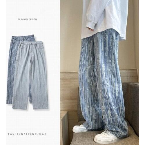 Fashion Mens Vintage Washed Striped Jeans Hip Hop Printed Loose Fit Denim Pants Wide Leg Urban Style Dad Jean Trousers Male