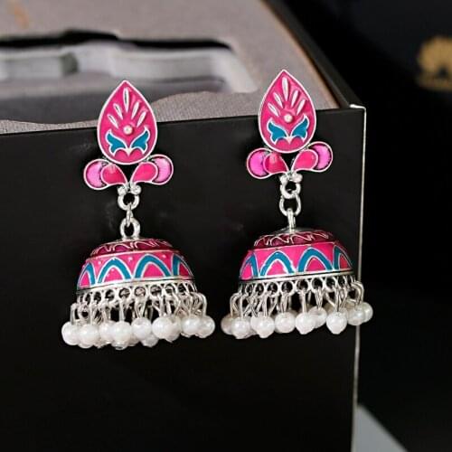 Ethnic Women Pink Flower Earrings Tibetan Jewelry Gypsy Jewelry Classic Handmade Imitation Pearls Tassel Earrings Oorbellen