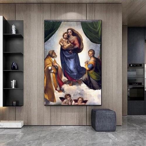 Famous Painting Raphael Sistine Madonna Canvas Painting Posters and Prints Wall Art Madonna of Jesus Pictures Home Decor Cuadros