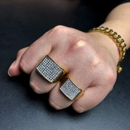 Hip Hop Bling Ice Out Full Rhinestone Geometric Square Male Ring Gold Silver Color Stainless Steel Rings for Men Jewelry