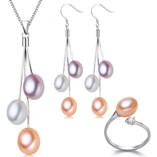 R Luxury Sexy Mixed natural pearls Sterling silver tassel jewelry Set Wedding jewelry Necklace + ring + earrings Free shipping