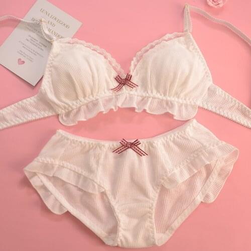 Japanese Student Girls Underwear Set Cotton Bow Lace Wireless Bras Thongs Lace Lingerie Set Women Push Up Bra and Panty