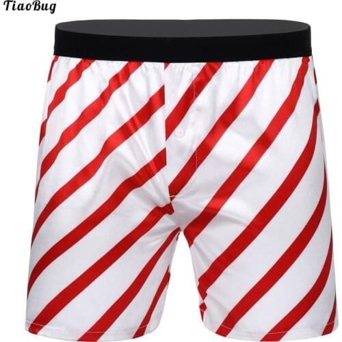 TiaoBug Mens Casual Smooth Silky Satin Lingerie Mid-Rise Classic Stripe Christmas Boxer Shorts Loose Lounge Short Pants