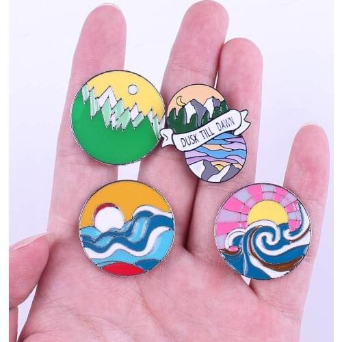 Outdoors Mountain Wave Metal Pins Custom Wild Camping Hiking Brooches Bag Clothes Lapel Pin Adventure Badge On Clothes Jewelry