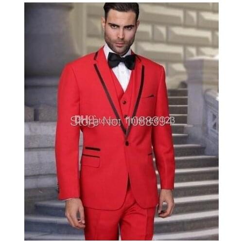 New Arrival Handsome RED Tailor Made Men suits Slim Fit Groom Tuxedos Men Wedding Suits Party Suits(Jacket+Pants+Vest+Bow)