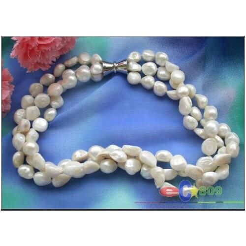 NEW 3row 17" 8-9MM white baroque freshwater pearl NECKLACE magnet