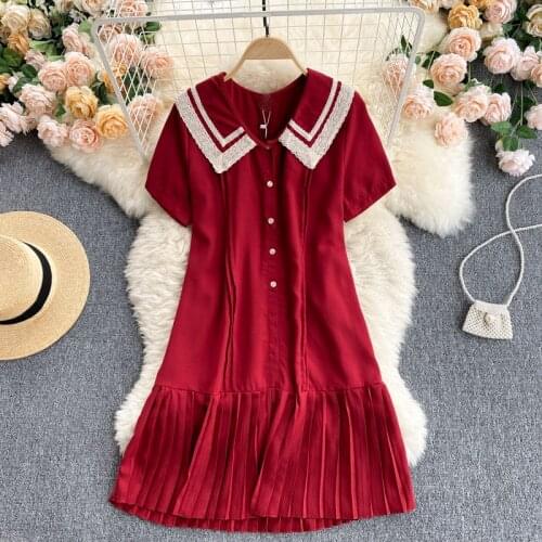 Korean style college dress style design contrast doll collar buttoned slim short pleated age-reducing dress female summer