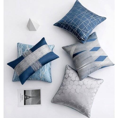 Luxurious embroidered cushion cover geometry spray blue pillow cover chair sofa hotel decorative pillowcase