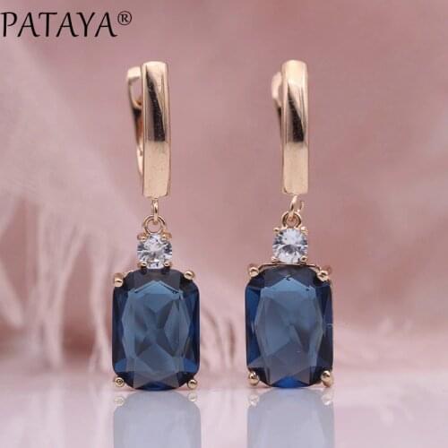 PATAYA New Square Dark Blue Long Earrings Women Wedding Jewelry 585 Rose Gold Hollow Multicolor Natural Zircon Dangle Earrings