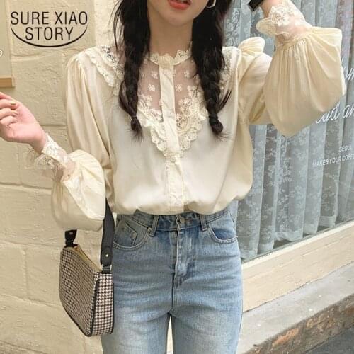 Spring New Blouse Women Vintage Lantern Sleeve Hollow Sweet Loose Top Lace Stitching Flower Ladies Chiffon Shirt Blusas 12958