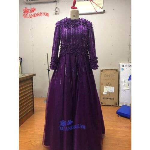 100% real made hot instagram evening dress vestidos de festa formal long sleeves with 3D flower cheap evening dresses gown XD308