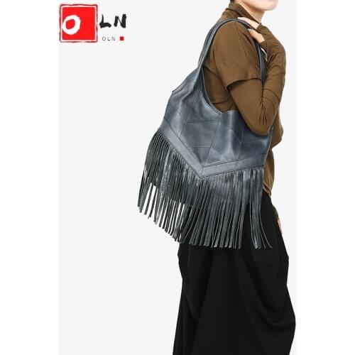 OLN Genuine Cow Leather Fringe Hobo Bag Women Soft Nappa Leather Female Shoulder Bags Tassel Casual High Quality Lady Handbag
